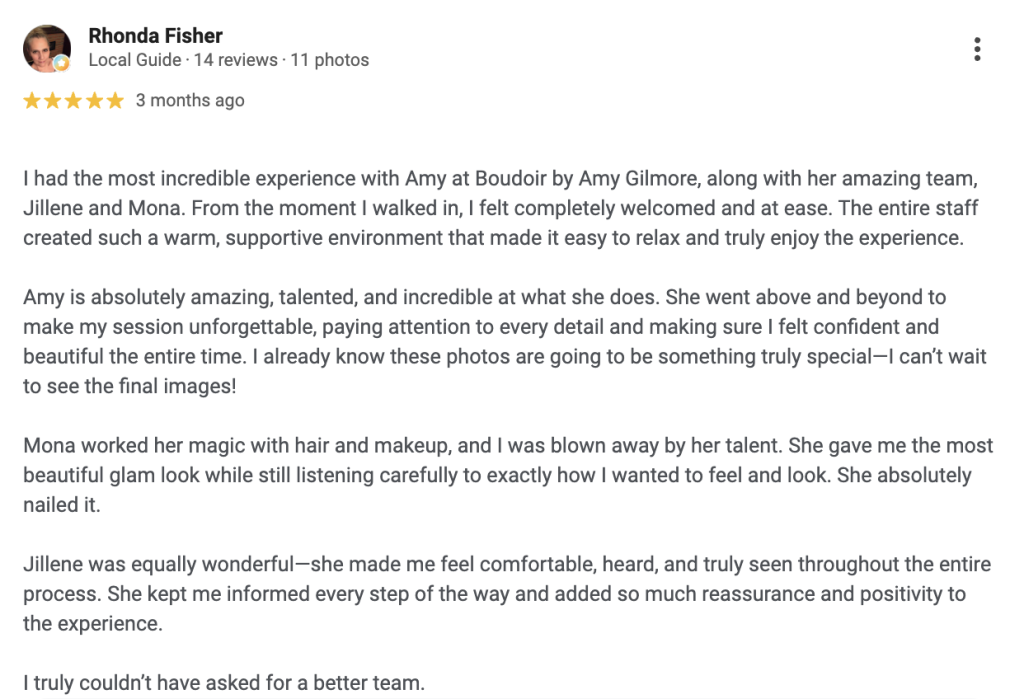 Screenshot of Google Review for Boudoir By Amy Gilmore