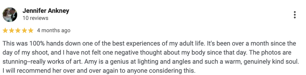 Screenshot of Google Review for Boudoir By Amy Gilmore