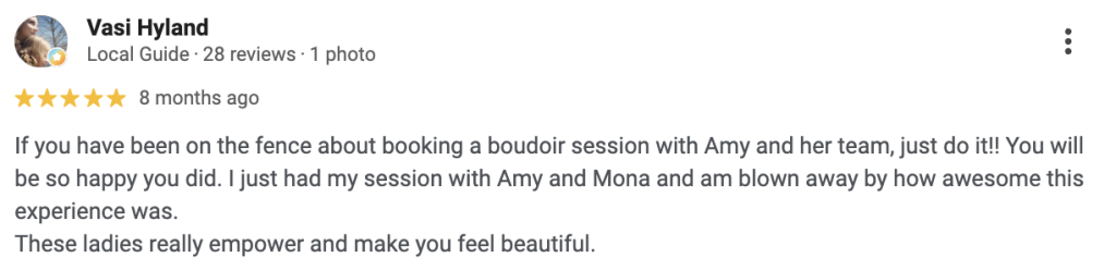 Screenshot of Google Review for Boudoir By Amy Gilmore