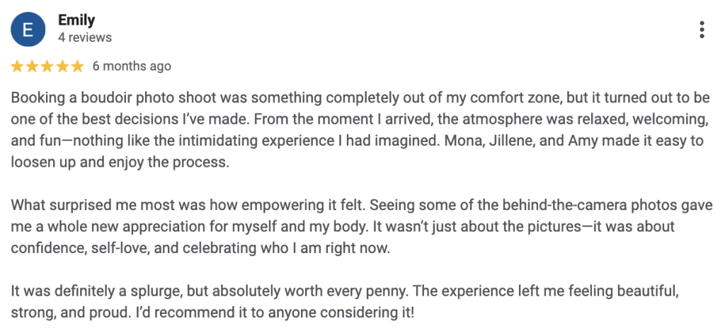 Screenshot of Google Review for Boudoir By Amy Gilmore