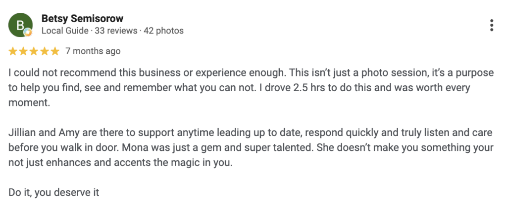Screenshot of Google Review for Boudoir By Amy Gilmore