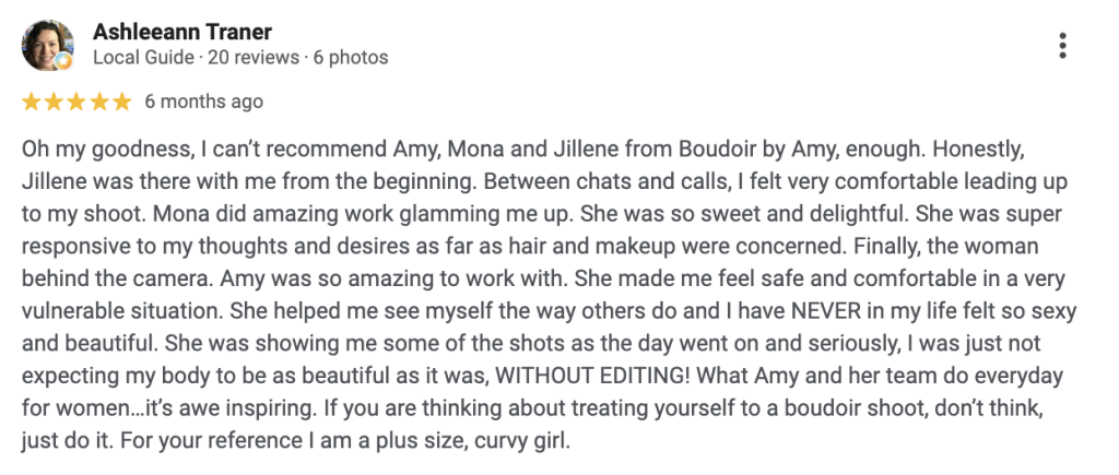 Screenshot of Google Review for Boudoir By Amy Gilmore