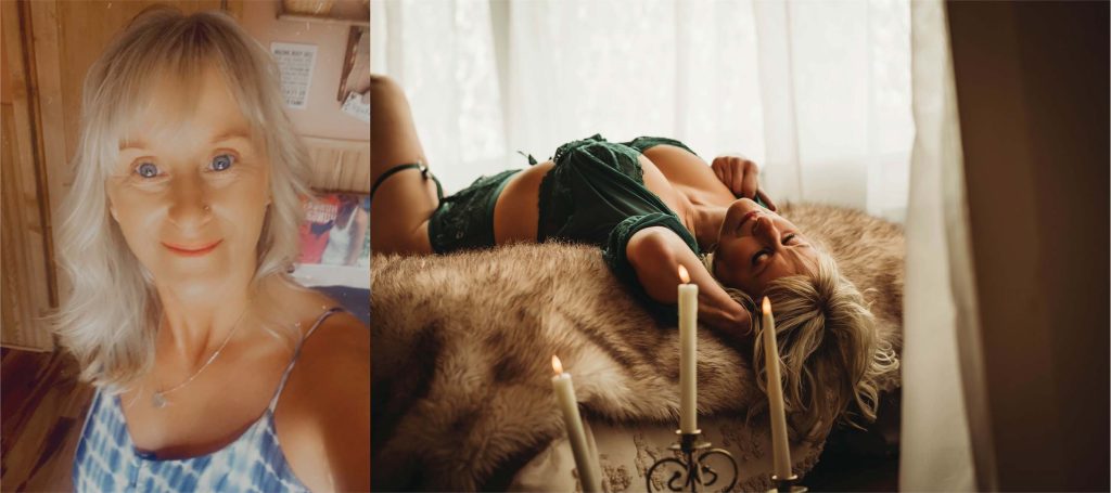 Collage of a woman before and after professional hair and makeup for a boudoir photoshoot