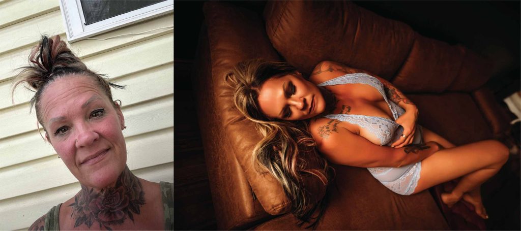 Collage of a woman before and after professional hair and makeup for a boudoir photoshoot