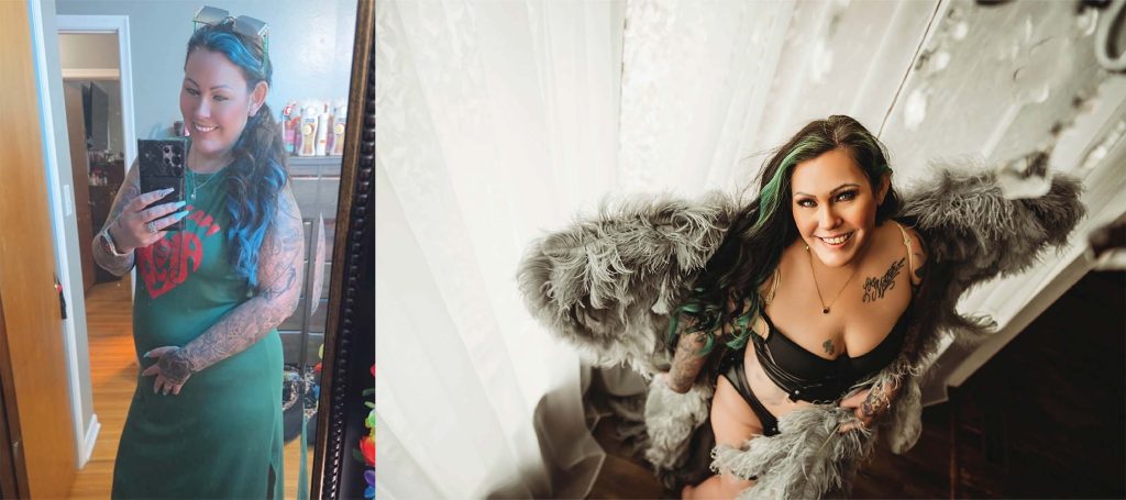 Collage of a woman before and after professional hair and makeup for a boudoir photoshoot